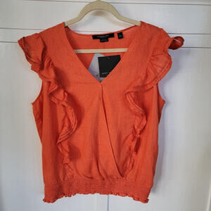 Marc New York Ruffle Short Sleeve Top Linen V-Neck Blouse Tigerlily Size L NWT